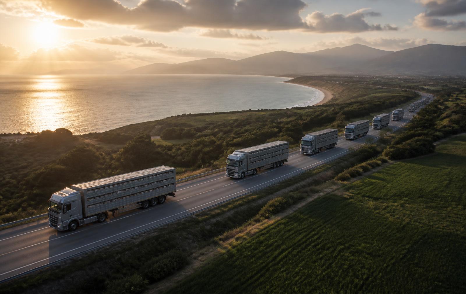 Aerial view of a livestock transport fleet on a coastal highway at dawn