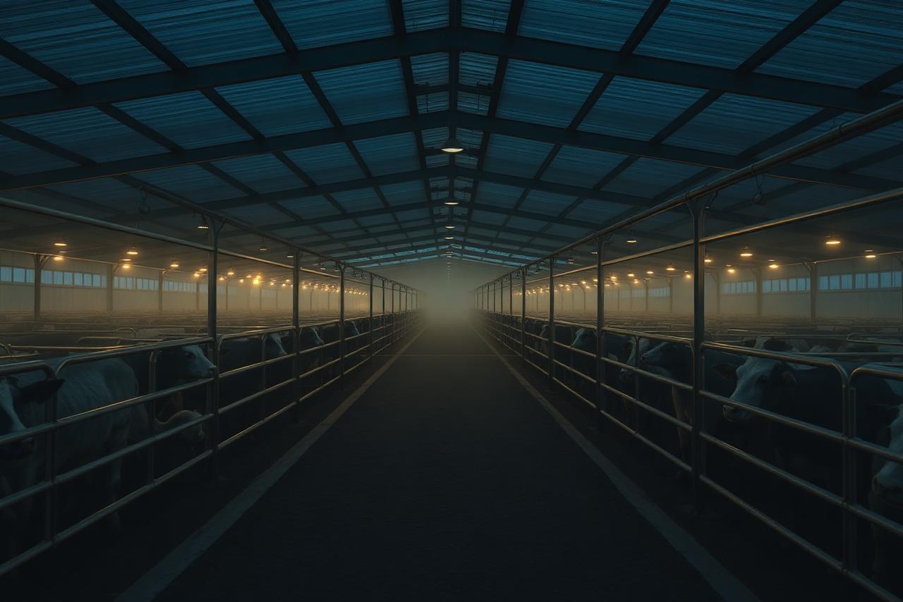 Modern professional livestock holding facility at dusk