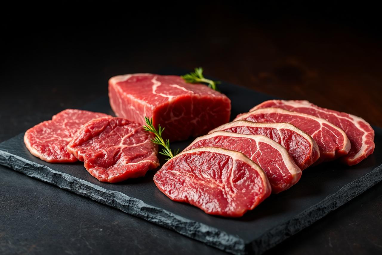 Premium beef cuts presented on dark slate