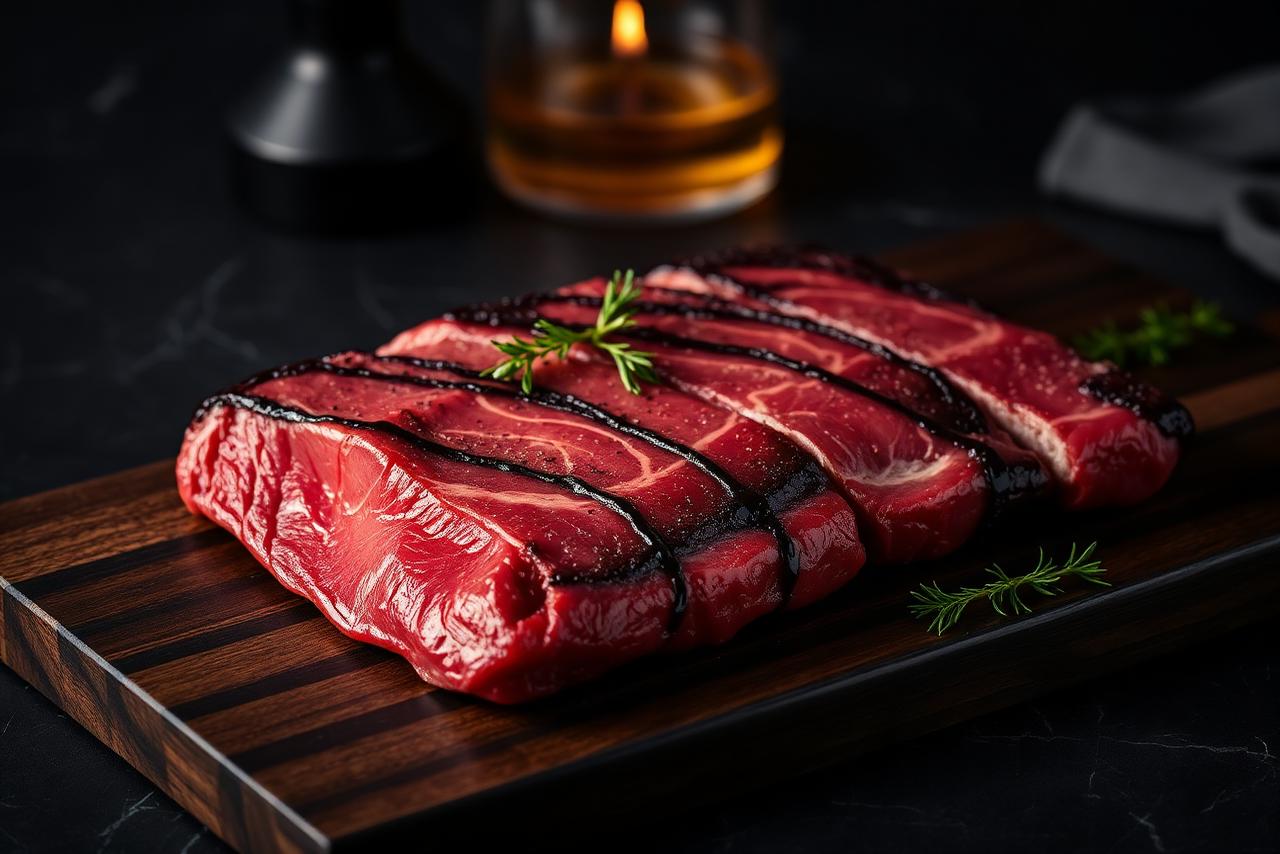 Premium steak selection presented on a dark wooden board