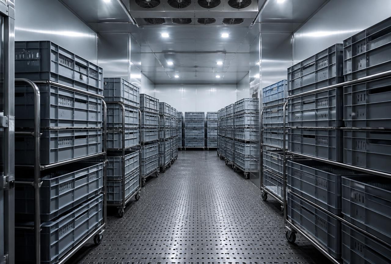 Refrigerated wholesale meat facility with stacked crates
