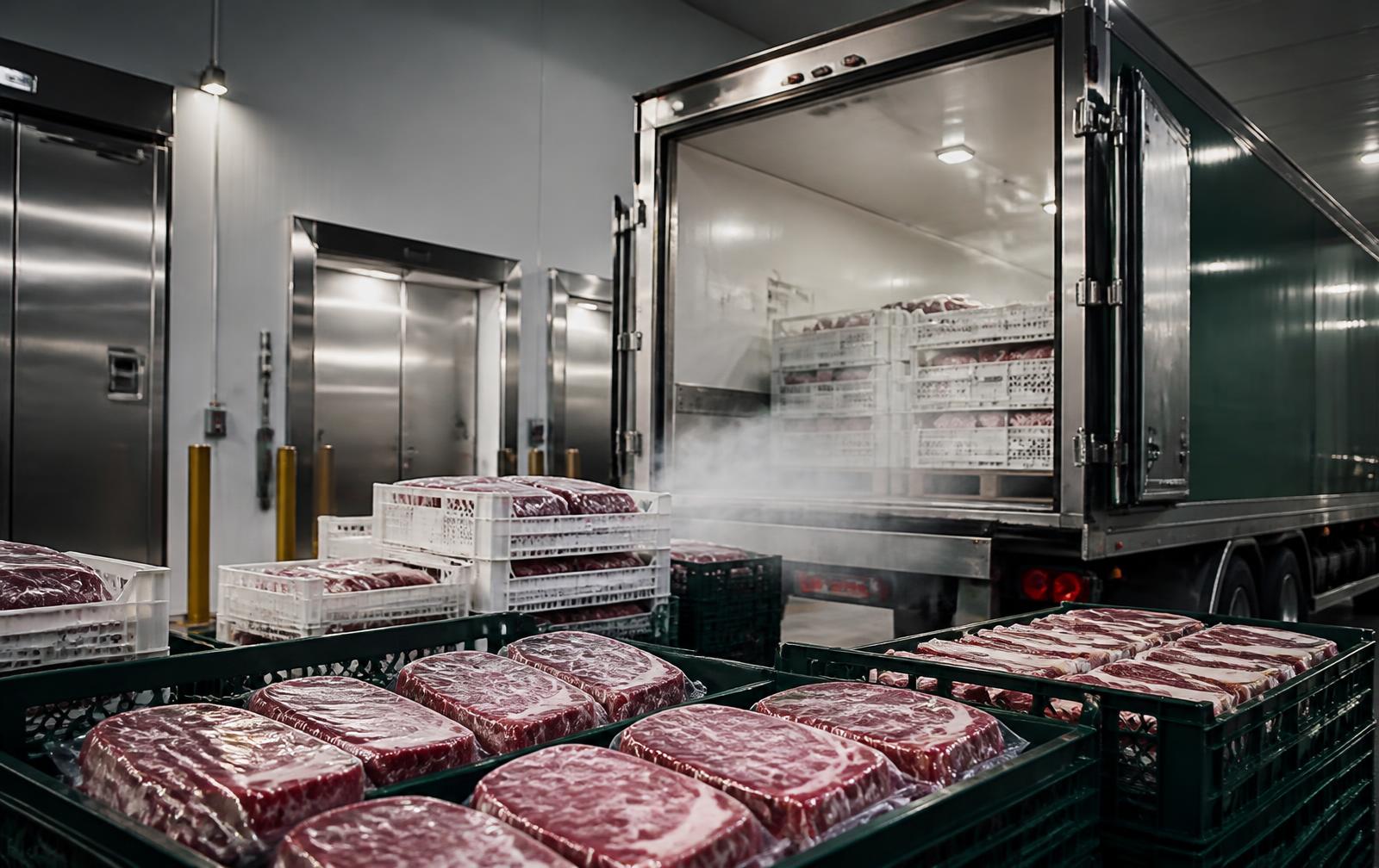 Vacuum-packed meat prepared beside a refrigerated delivery truck